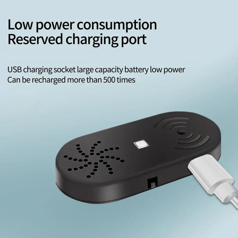 Car Door Open Light - Black oval electronic device with a white USB charging cable plugged into its side, on a light blue background with text above.