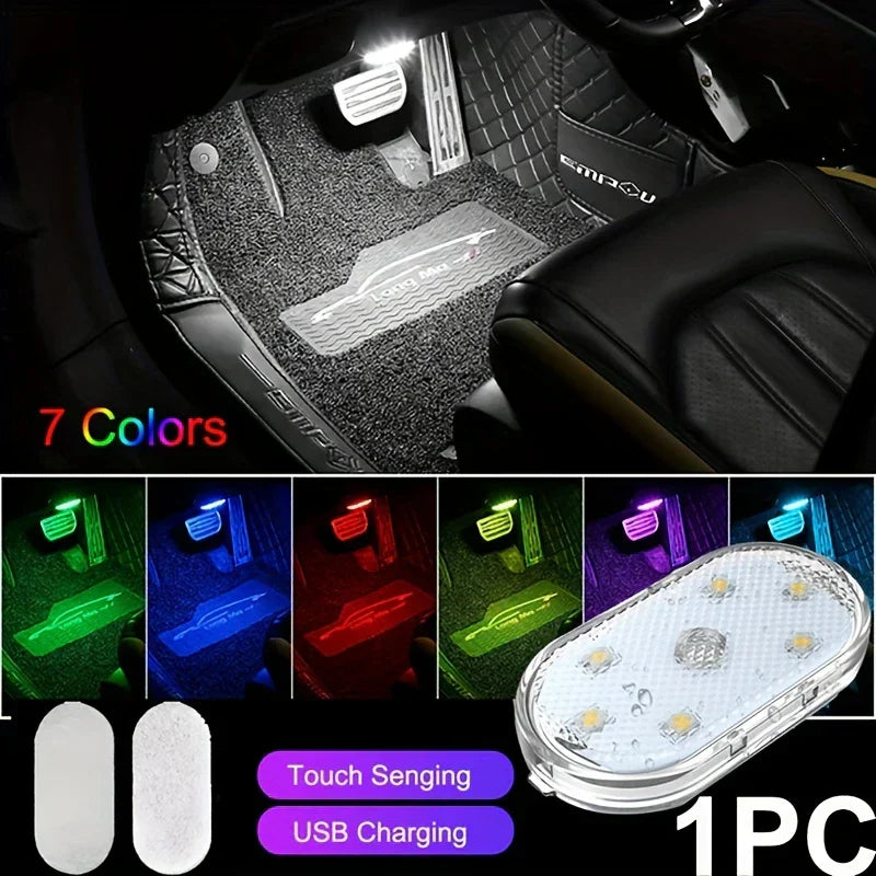 Car footwell with an illuminated small oval LED light, 7 color swatches of the light, and product feature callouts. Car interior led strip lights are not visibly present.