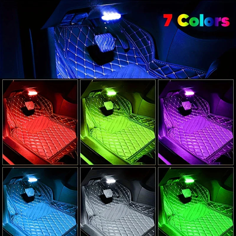 led strips set - Fußraummatten im Auto, beleuchtet in 7 verschiedenen Farbtönen, die Farboptionen der Auto-Innenraum-LED-Streifen demonstrieren.