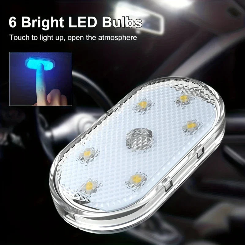 Ovale berührungsaktivierte LED-Leuchte mit 6 LED-Lampen, gezeigt mit einem Finger, der eine leuchtende blaue Version der Leuchte berührt.