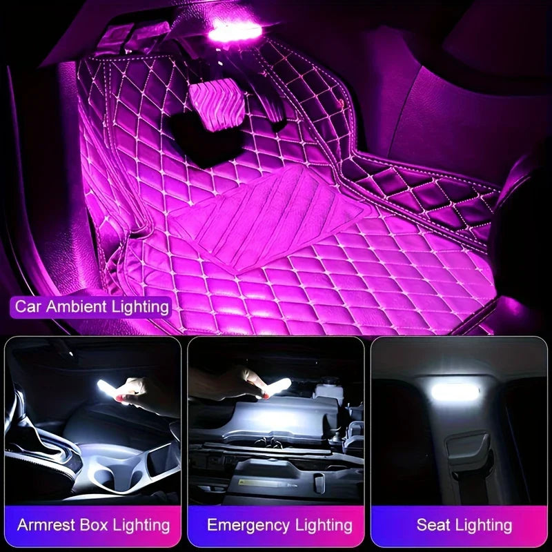 led strips set - Lila beleuchtete Fußraummatte im Auto plus drei eingefügte Anwendungen: Armlehnenfach-Licht, Notlicht, Sitzlicht, die Auto-Innenraum-LED-Streifen im Einsatz zeigen.