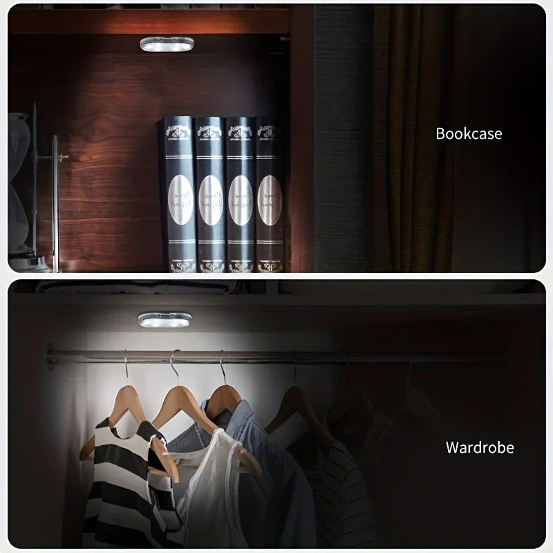 Compact stick-on LED lights illuminating books on a shelf and hanging clothes in a wardrobe