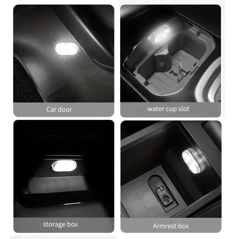 led strips set - Kleine ovale LED-Lichter platziert an einer Autotür, im Becherhalter, im Staufach und an der Armlehne, dienen als Auto-Innenraum-LED-Streifen für dunkle Fahrzeugbereiche.