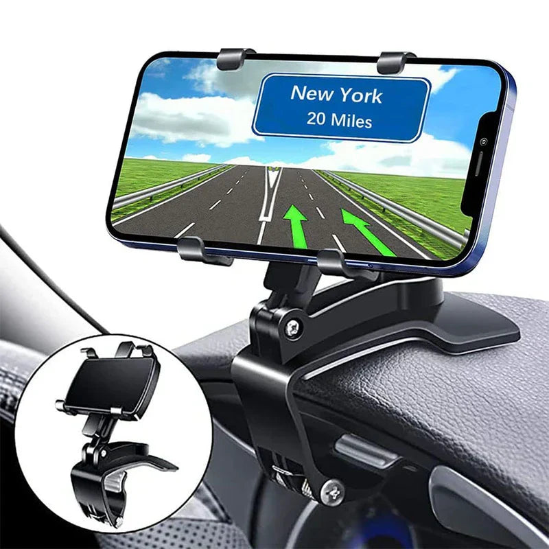 Soporte para teléfono en el coche: montaje sujeto al salpicadero sosteniendo un teléfono inteligente que muestra navegación, con detalle del producto insertado