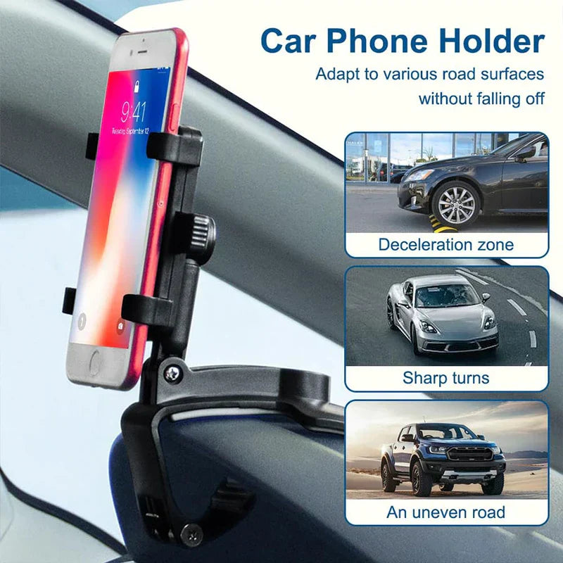 Car Phone Holder - Mount attached to car dashboard near windshield holding a smartphone, with road condition stability graphics