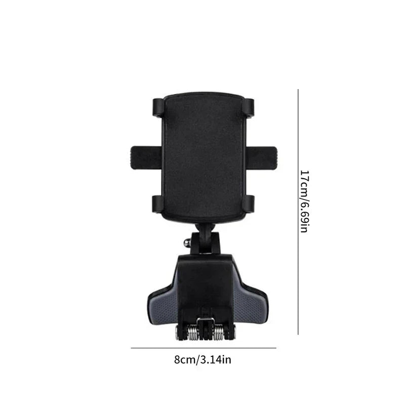 Car Phone Holder - Black phone mount with clip base, showing height of 17cm and width of 8cm