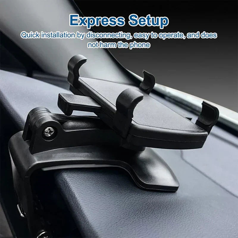 Car Phone Holder - Black clip-on car dashboard phone mount, with 'Express Setup' text above it