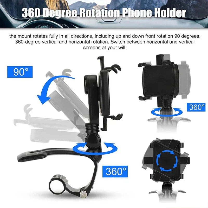 360 degree rotation car phone holder, with diagrams showing 90° tilt and multiple 360° rotation axes, plus in-car background