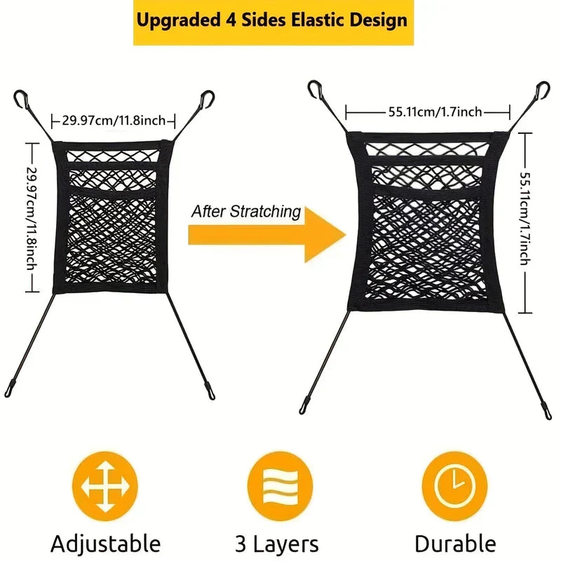 Car Seat Gap Filler Organizer Net - Diagram showing stretched and unstretched dimensions of 3-layer elastic net