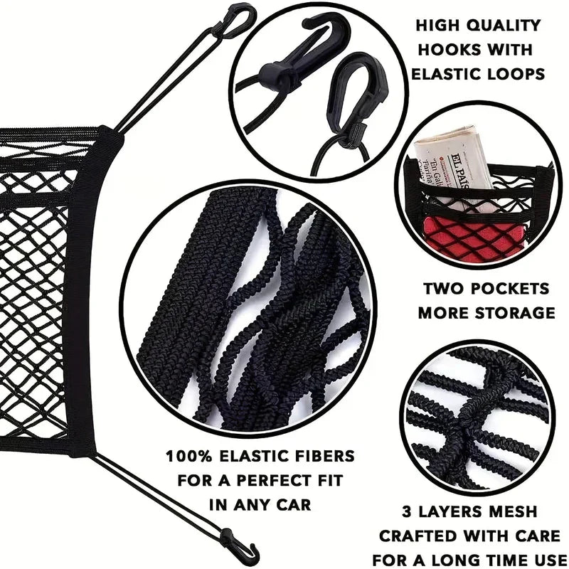 Car Seat Gap Filler Organizer Net - Diagram of a black car mesh organizer with four circular detail insets showing hooks, elastic fibers, two pockets, and three-layer mesh