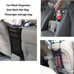 Car Seat Gap Filler Organizer Net - Collage of three photos showing black car mesh organizers installed between front seats and on a single seat back holding various items