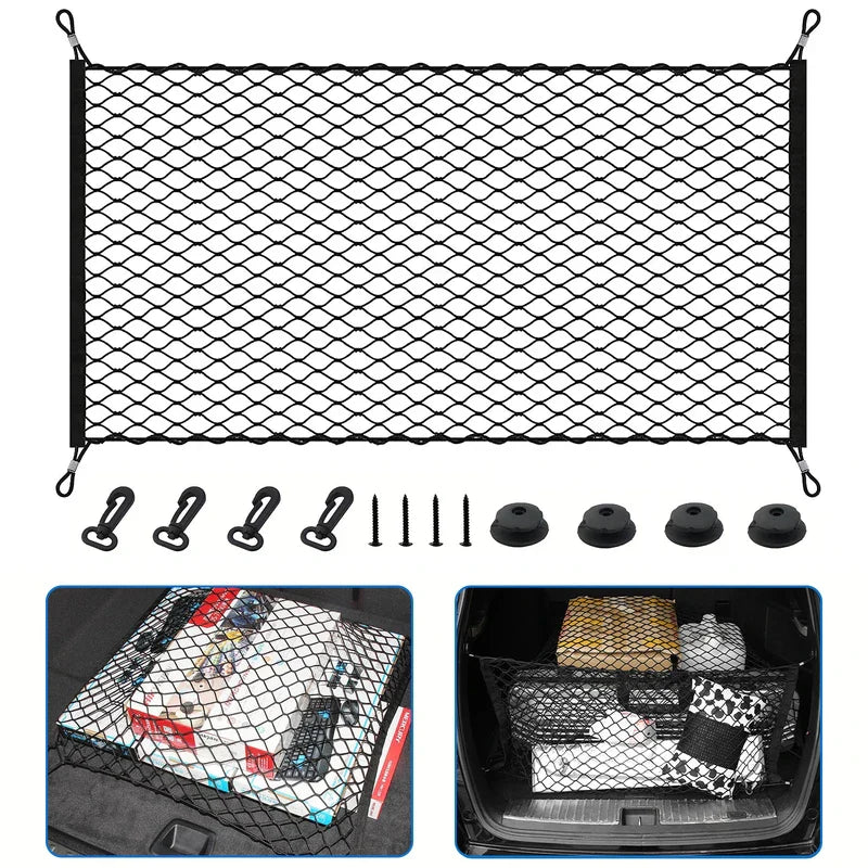 Cargo net organizer installed in a car trunk