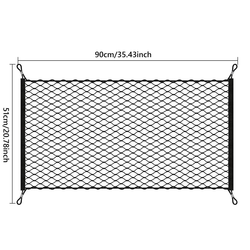 Flat dimension diagram of a cargo net organizer, labeled 90cm/35.43 inch wide and 51cm/20.78 inch tall, with four corner elastic loops.
