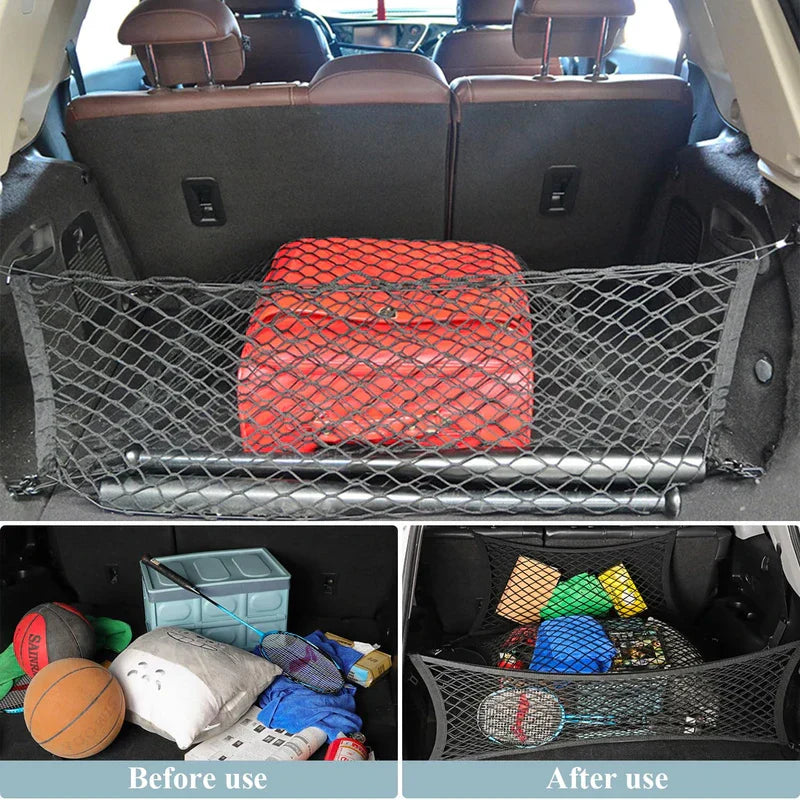 Cargo net organizer holding groceries in a trunk