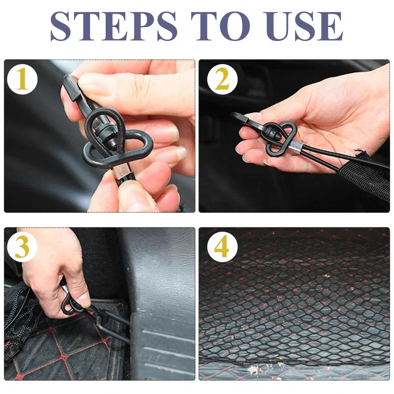 Hands demonstrate attaching a hook to an elastic cord with a knotted loop, showing installation steps for a car accessory.