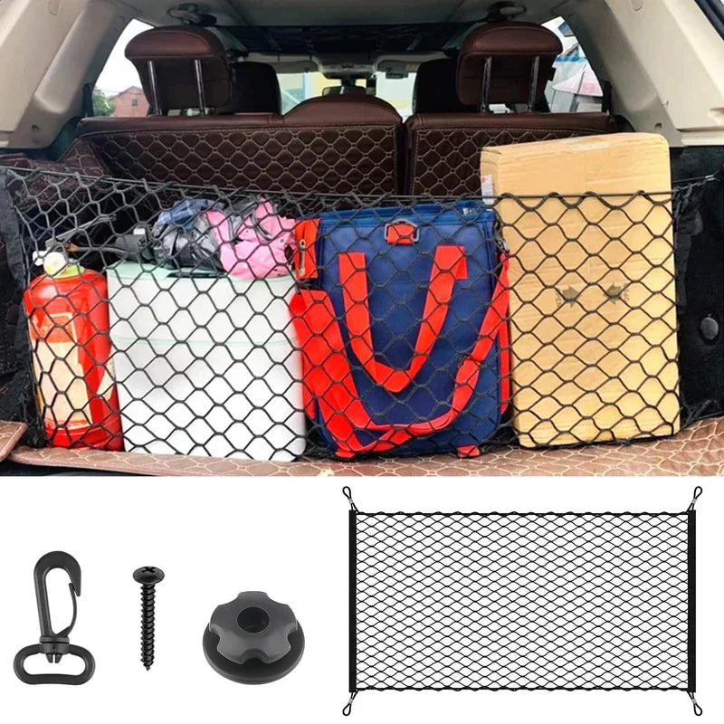 A car trunk with items held by a cargo net for car trunk, plus the net and mounting hardware displayed below.