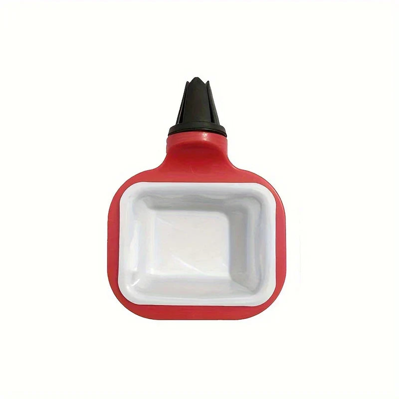 A car vent sauce holder with a red outer rim, white inner dish, and black car vent mount clip on a plain white background.