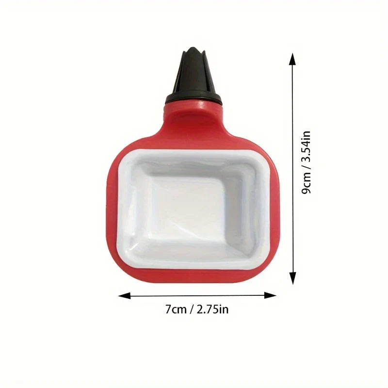 A red and white car vent sauce holder with a black vent clip, shown with height 9cm and width 7cm dimensions.