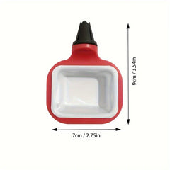 A red and white car vent sauce holder with a black vent clip, shown with height 9cm and width 7cm dimensions.