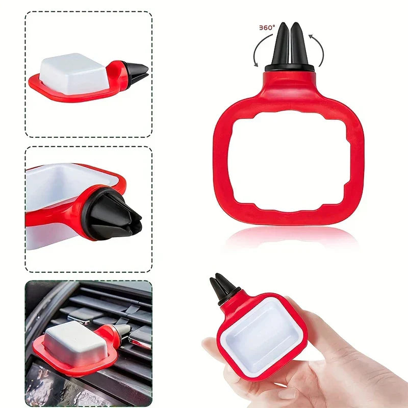 A car vent sauce holder shown with a 360-degree rotating vent clip and interior views, plus a hand holding the holder.