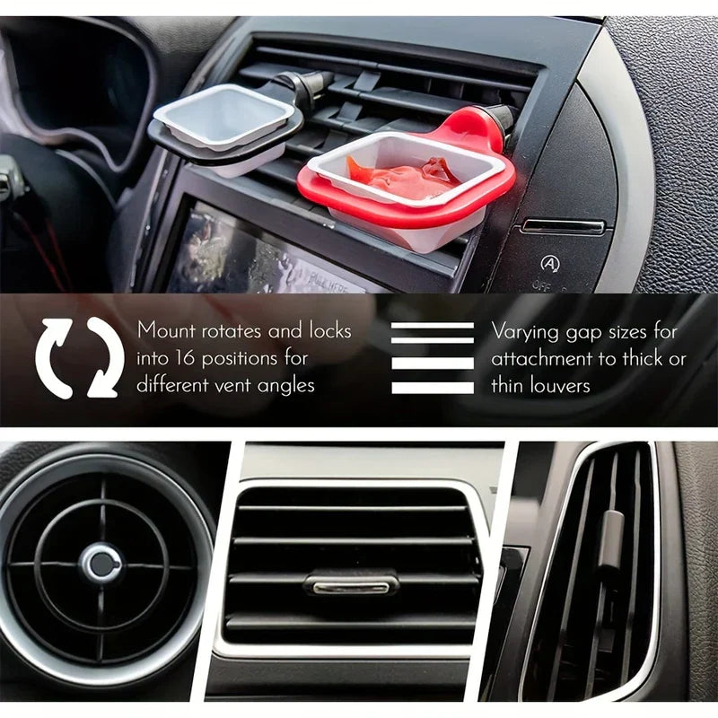 Two sauce containers attached to a car air vent, with illustrations of vent compatibility and mounting adjustability.