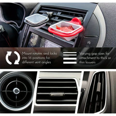 Two sauce containers attached to a car air vent, with illustrations of vent compatibility and mounting adjustability.