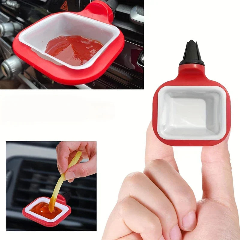 A small car vent sauce holder shown on a car vent, with a hand using it to dip a fry, and a size comparison with fingers.