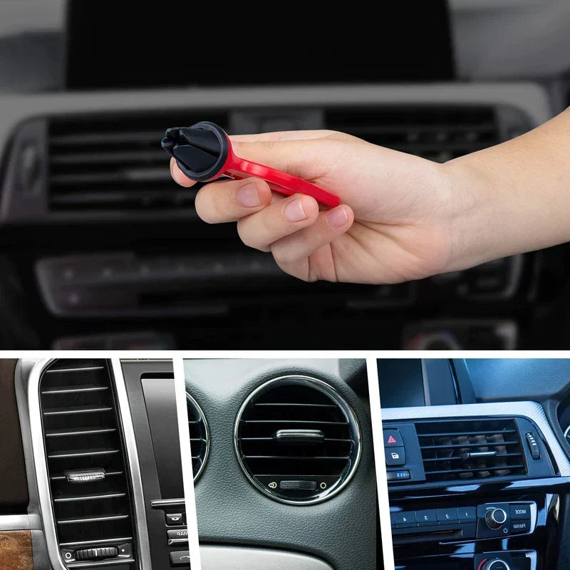 Hand holds a small red clip with a black vent-mount tip, with various car air vents shown below.