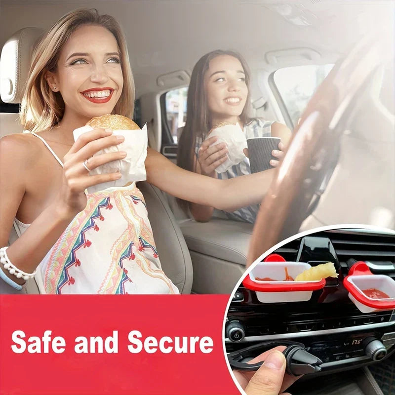 A car interior with two people eating, and a close-up showing a car vent sauce holder attached to a car air vent holding sauce and a snack.