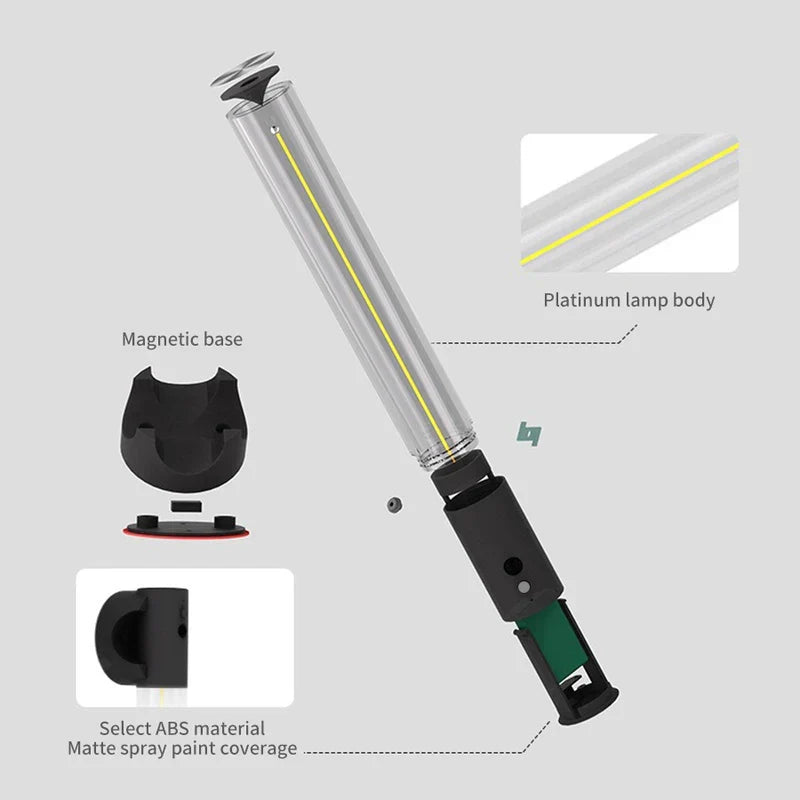 Led Panel - Exploded view of cylindrical LED lamp showing magnetic base, clear lamp body, and matte control component