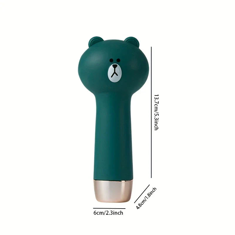 Facial Cleansing Brush - Dark green bear-shaped silicone device with dimensions labeled: 13.7cm height, 6cm width, 4.8cm bottom depth