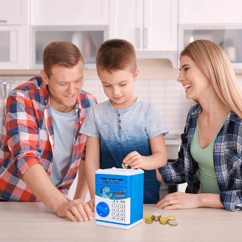 Coin Jar - A boy places a coin into a blue dinosaur-themed kids' savings bank, with a smiling man and woman leaning over a kitchen table nearby.