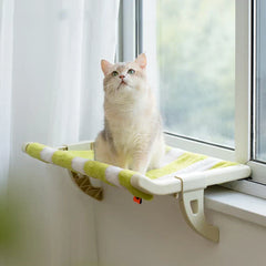 Cat Window Perch - Light gray cat sitting on striped plush hammock bed mounted on a window sill