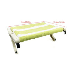 Green and white striped plush cat window perch with size labels 51cm and 37.5cm on a white background