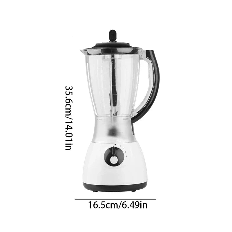 Centrifugal Juicer Machine - White and black countertop blender with a clear plastic pitcher, side handle, control knob, and height/width dimension labels