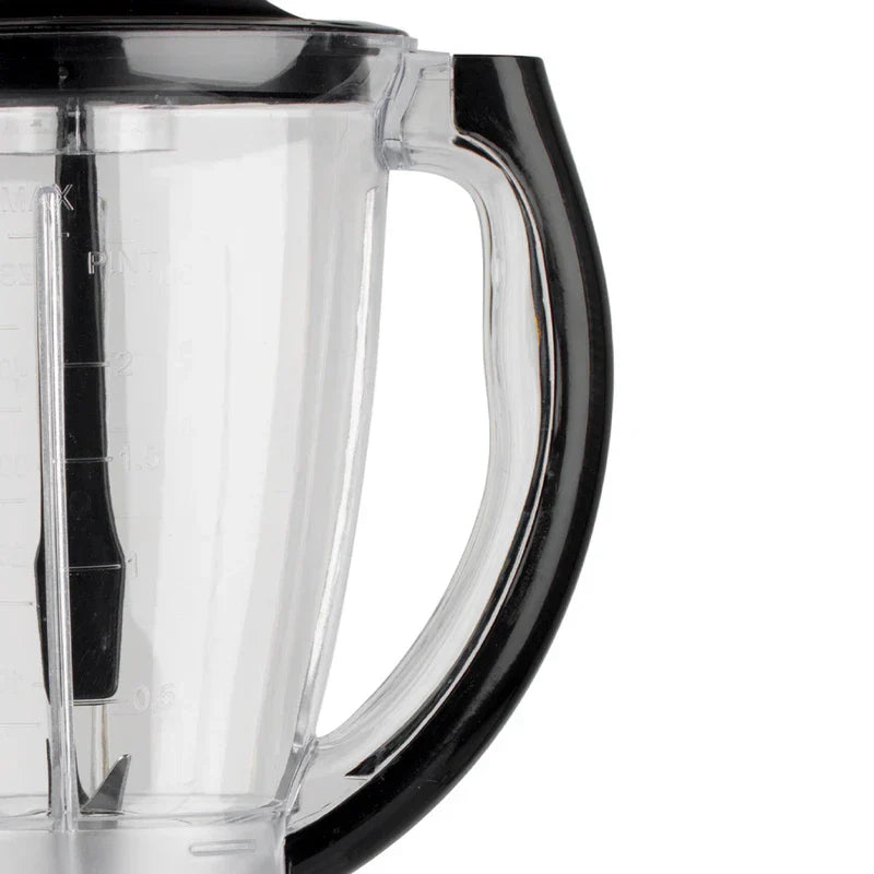 Centrifugal Juicer Machine - Close-up of a clear blender jar's side handle, with visible internal blade and volume markings