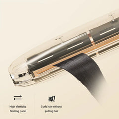 Plancha de pelo de cerámica: vista en corte transparente de las placas de la herramienta de peinado deslizándose a través de cabello oscuro, diagrama de panel flotante