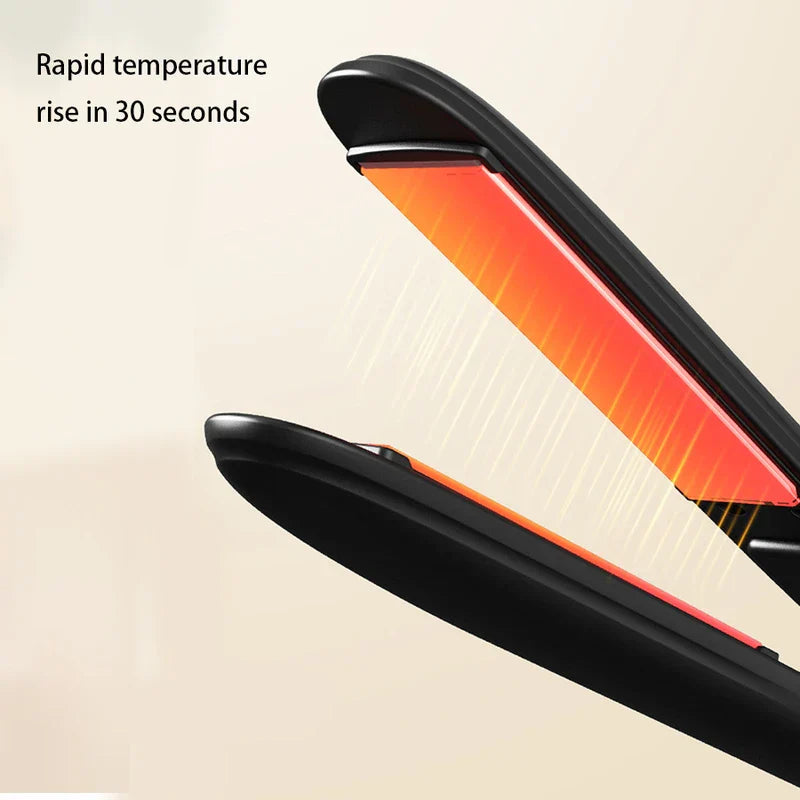 Plancha de pelo de cerámica: plancha de pelo abierta con placas térmicas brillantes en naranja y texto que dice aumento rápido de temperatura en 30 segundos