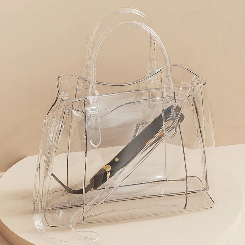 Plancha de pelo de cerámica: bolsa transparente de mano con doble asa y una plancha de pelo colocada en su interior