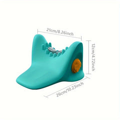 Cervical Acupressure Neck Massage Stretcher - Teal neck support pillow with side control dial, marked with three size measurements in cm and inches