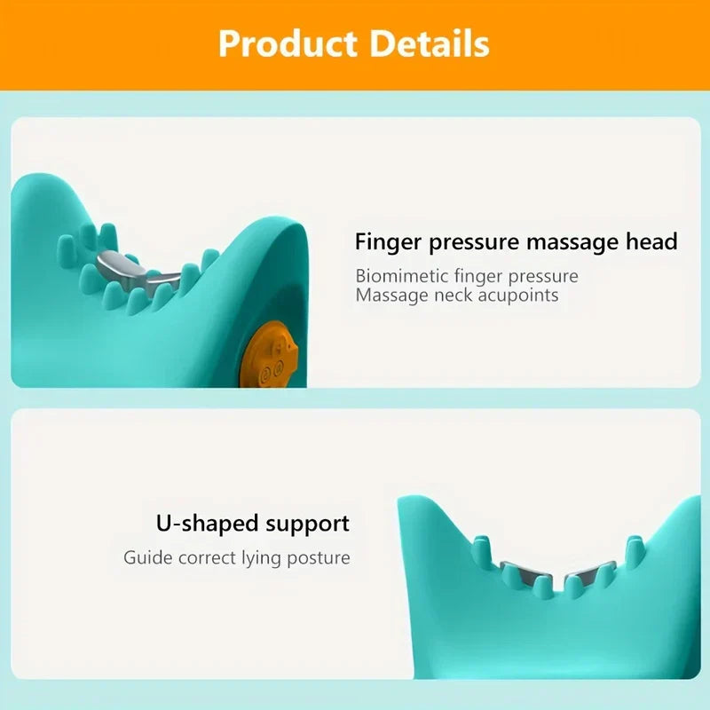 Cervical Acupressure Neck Massage Stretcher - Two product detail panels: top shows finger pressure massage head on teal pillow, bottom shows U-shaped neck support structure
