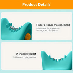 Cervical Acupressure Neck Massage Stretcher - Two product detail panels: top shows finger pressure massage head on teal pillow, bottom shows U-shaped neck support structure