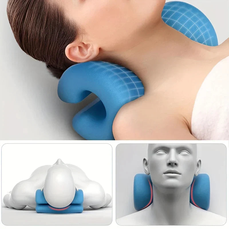 cervical stretcher - Ein blauer Nackenstrecker in Verwendung, mit zusätzlichen Diagrammen, die seine Positionierung zur Nackenstützung zeigen.