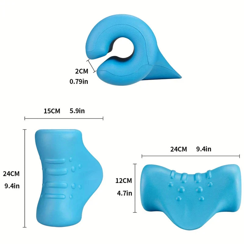 cervical stretcher - Blauer Nackenstrecker aus drei Winkeln mit beschrifteten Zentimeter- und Zoll-Größenmessungen.