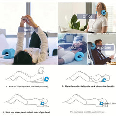 cervical stretcher - Collage zeigt Personen, die einen Nackenstrecker im Hotel, Büro, Bett und Flugzeug verwenden, plus Schritt-für-Schritt-Anwendungsdiagramme.
