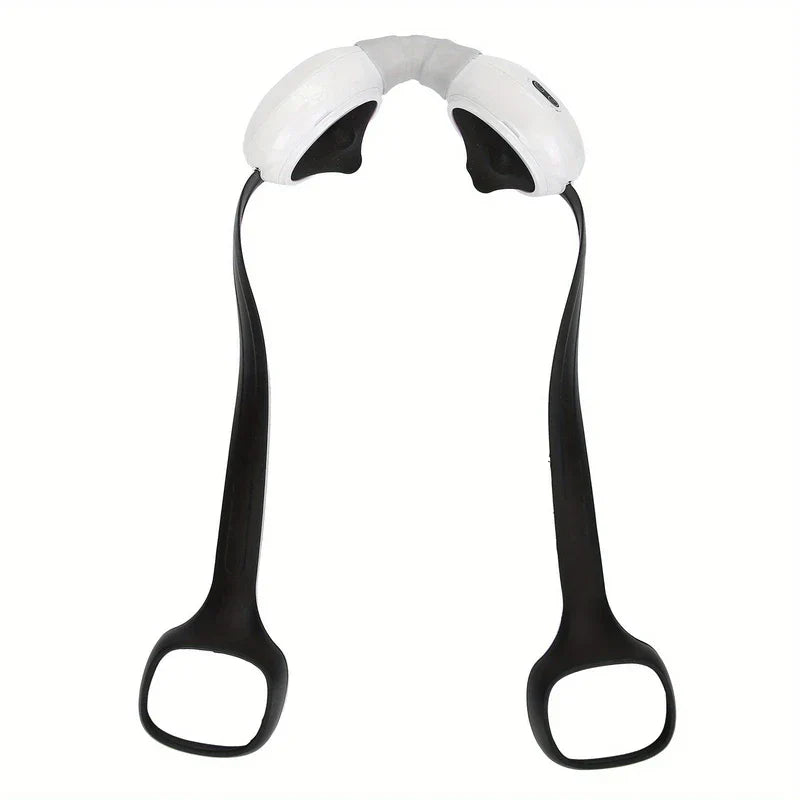 Cervical Neck Traction Massager Device - White and black U-shaped device with long hand straps on white background