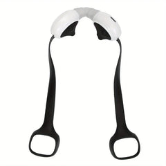 Cervical Neck Traction Massager Device - White and black U-shaped device with long hand straps on white background
