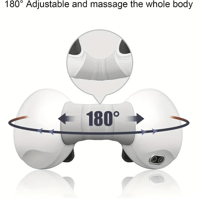 Cervical Neck Traction Massager Device - A white dual-ended massage device with a central 180° rotation arrow and a close-up callout of its inner pad area.