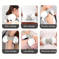 Cervical Neck Traction Massager Device - Six panel grid showing the massage device used on neck, back, shoulder, hand, leg, and abdomen by people.