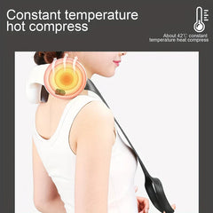 Cervical Neck Traction Massager Device - Person wears a neck device with straps, overlaid graphic shows heating effect, text notes 42°C constant hot compress